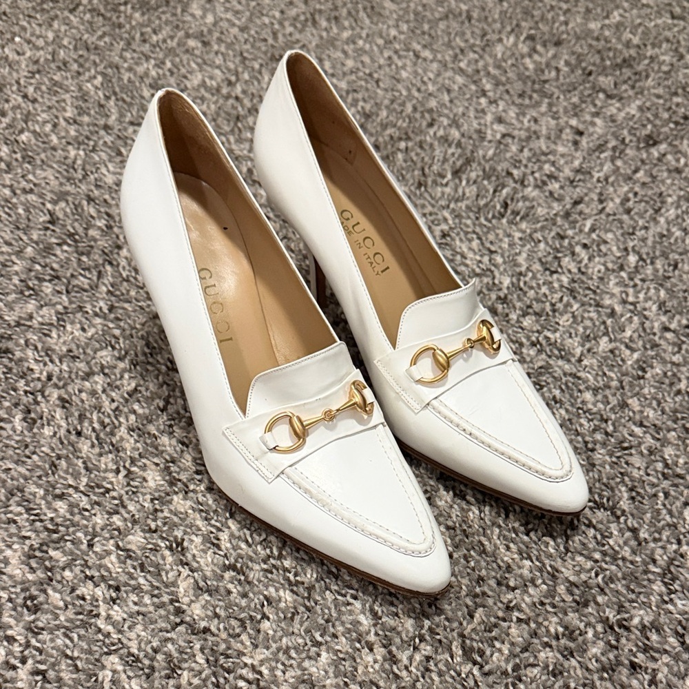 Gucci White Heels with Gold Accents